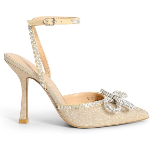 🆕 Women Gold Ankle Strap Sparkly Bow Shine Star Wrap-Around High-Heel Pumps - Picture 4 of 8